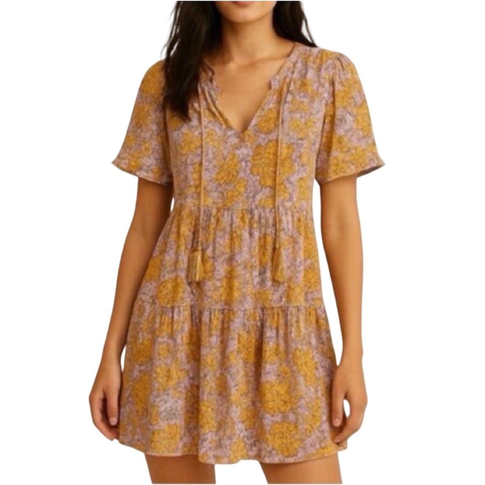 Sundance Yellow Pink Cotton Floral Tiered Mini Dress‎ Women's S Boho Cottagecore